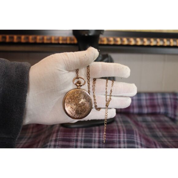 Vissun Pocket Watch Pendant Necklace Rhinestones Scrollwork WORKS main image 8
